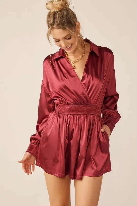 Red Dahlia Long Sleeve Silk Dress With Waist Banded In V Neck