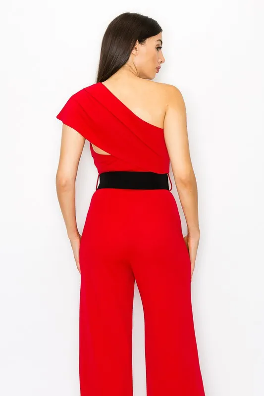 Red One Shoulder Jumpsuit With Belt