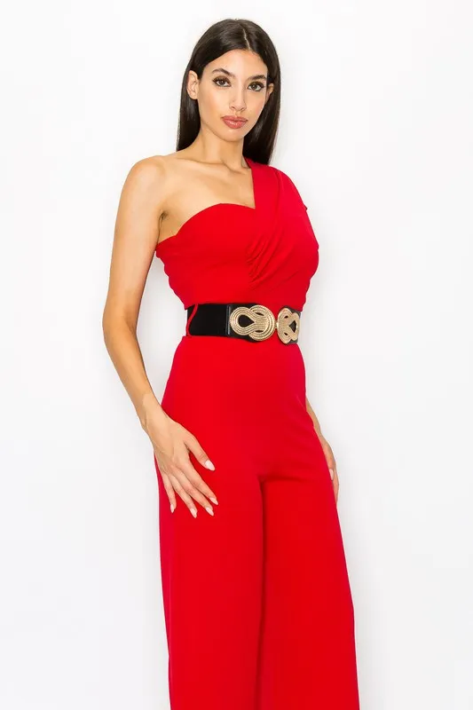 Red One Shoulder Jumpsuit With Belt