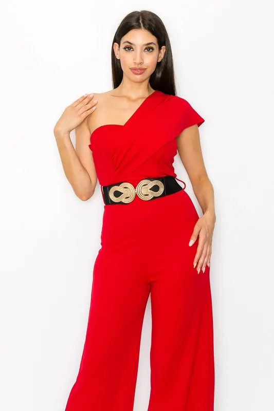 Red One Shoulder Jumpsuit With Belt