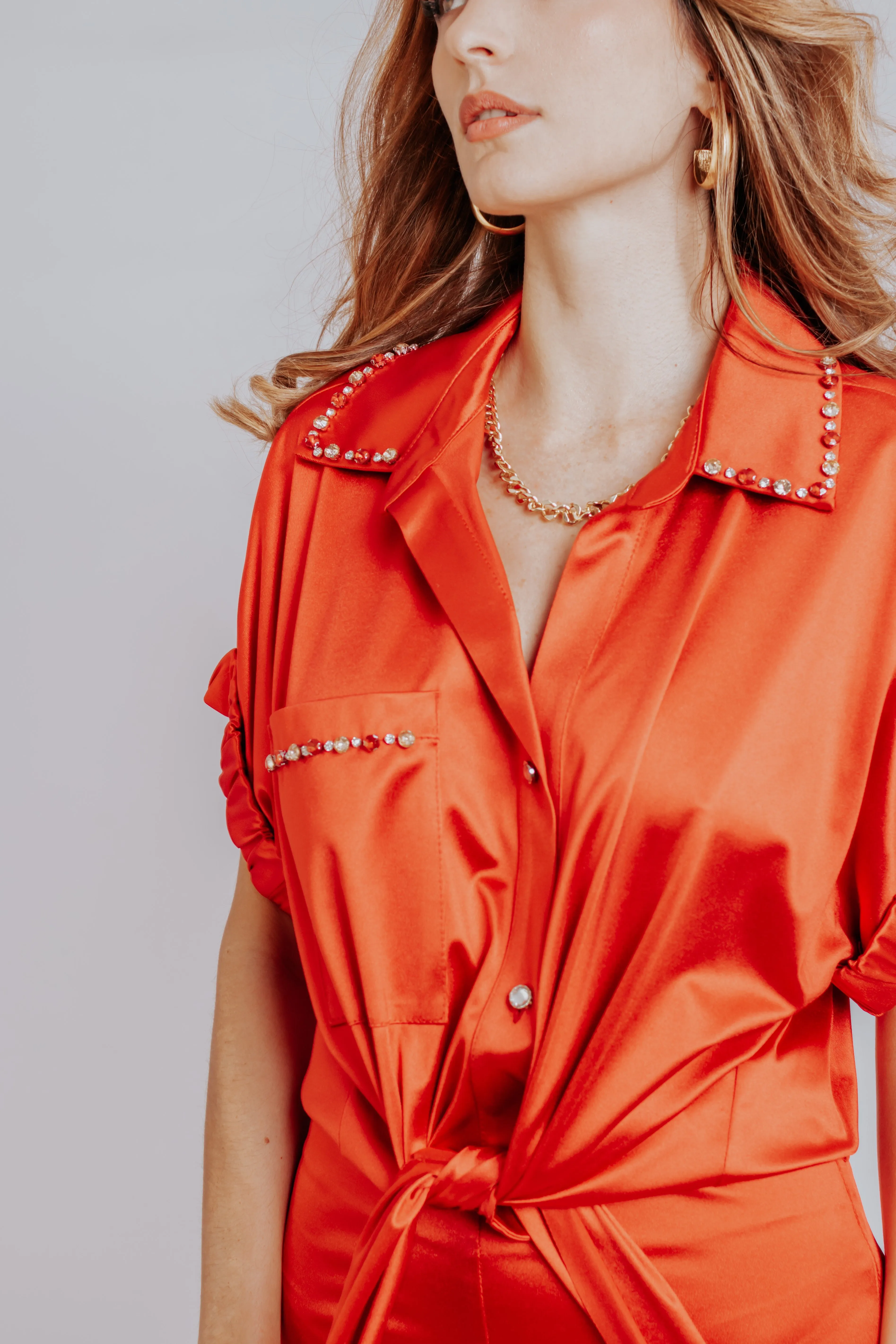 Red Rosie Tie Front Shirt with Boot Cut Pants