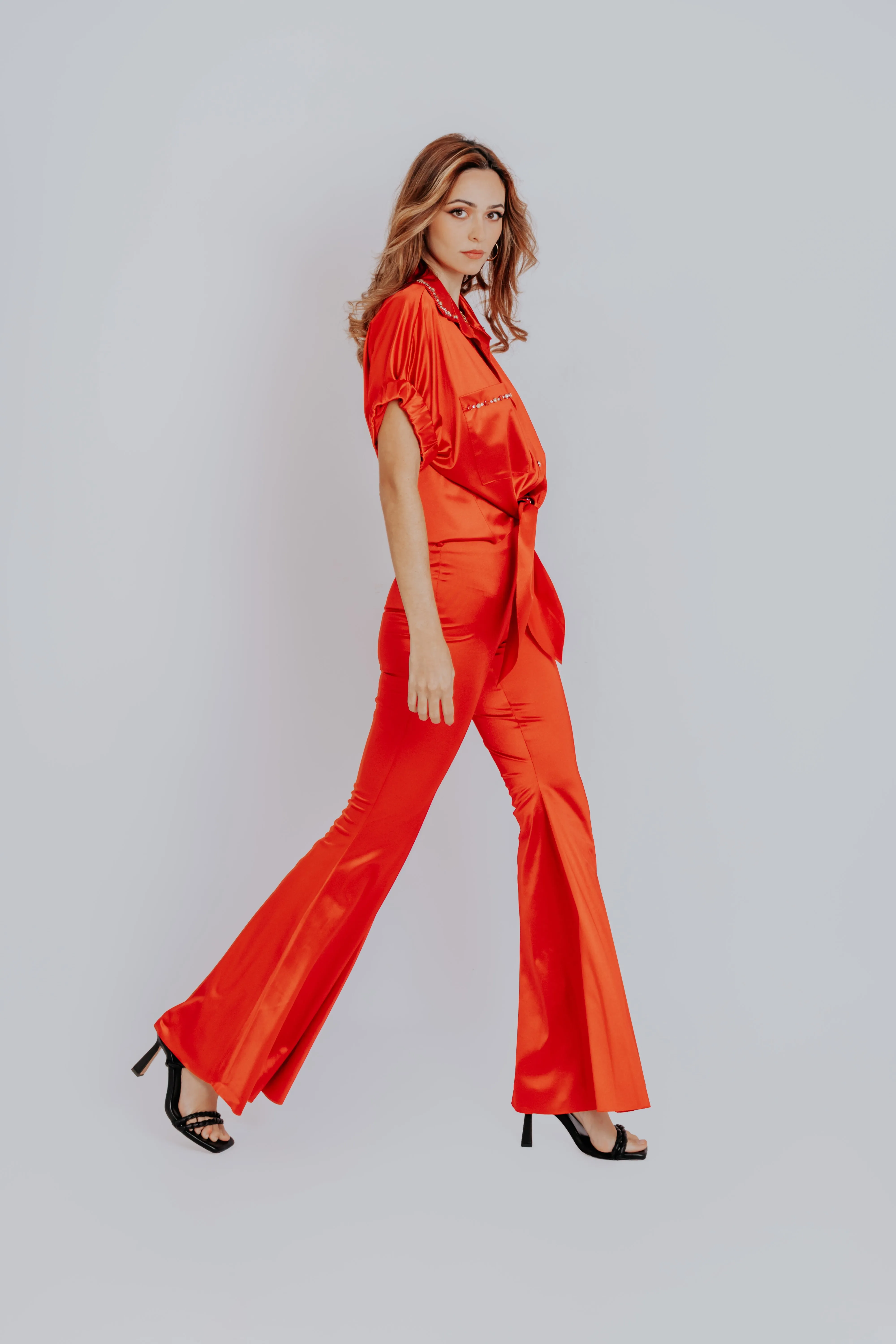 Red Rosie Tie Front Shirt with Boot Cut Pants