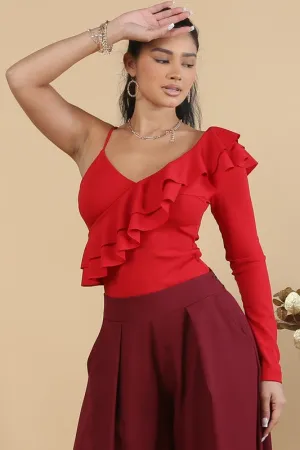 Red Ruffled One Long Sleeves Bodysuit