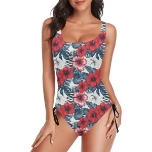 Red White Blue Hibiscus One Piece Swimsuit for Women, Floral Flowers Ladies Hawaiian Cute Designer Swim Swimming Bathing Suits Swimwear
