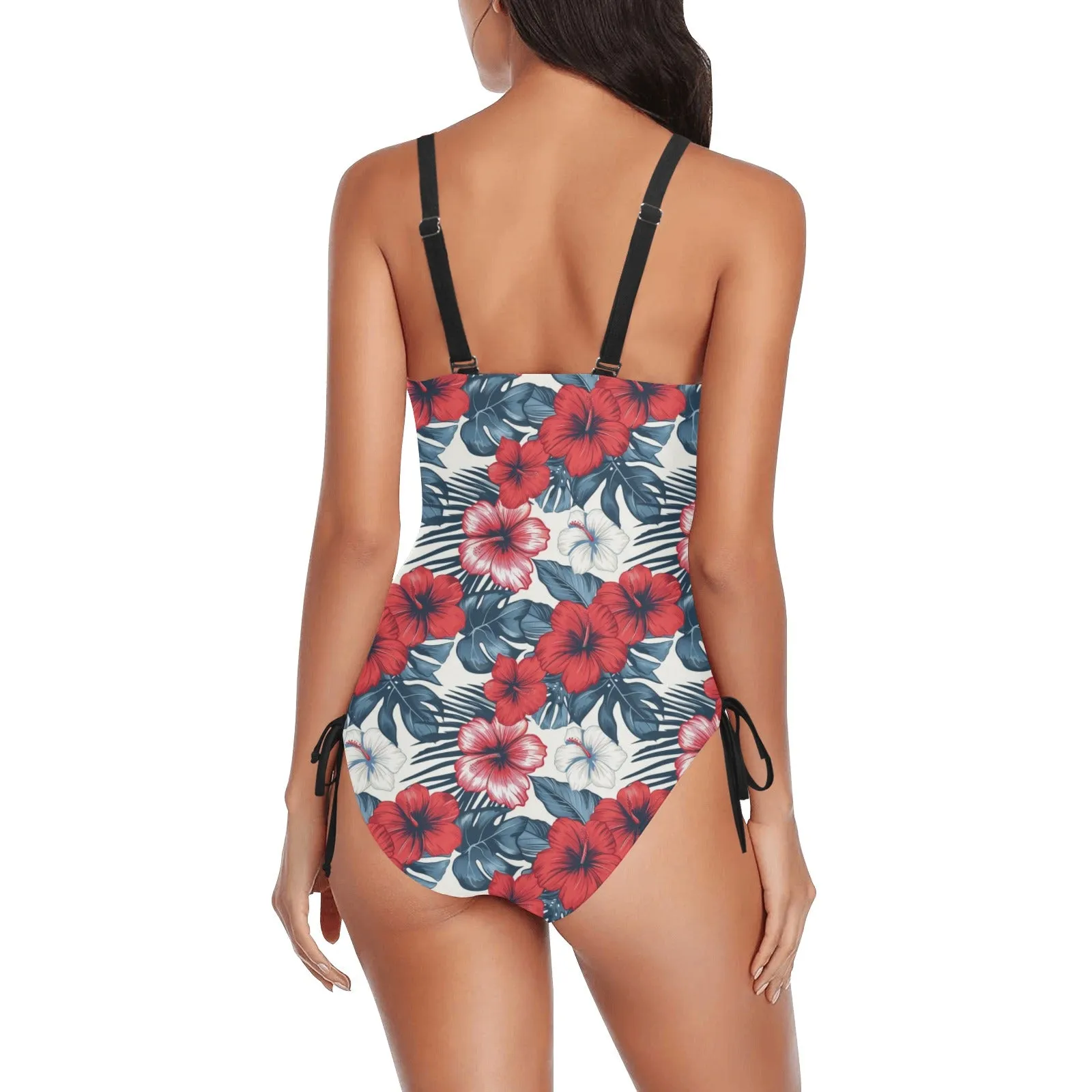 Red White Blue Hibiscus One Piece Swimsuit for Women, Floral Flowers Ladies Hawaiian Cute Designer Swim Swimming Bathing Suits Swimwear