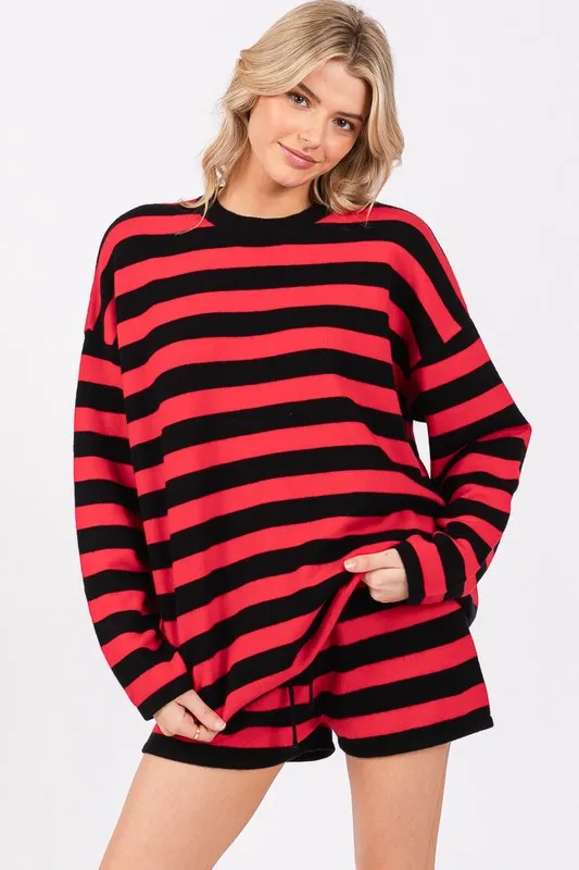 Red/Black Striped Sweater Long Sleeve And Shorts Set