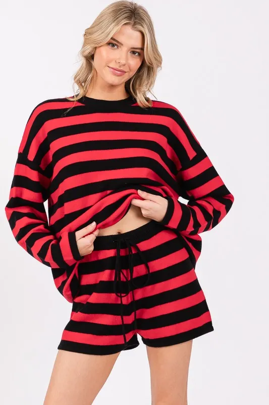 Red/Black Striped Sweater Long Sleeve And Shorts Set