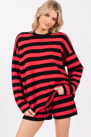 Red/Black Striped Sweater Long Sleeve And Shorts Set