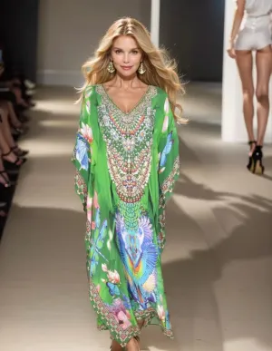 Resort Garden Long Silk Embellished Kaftan