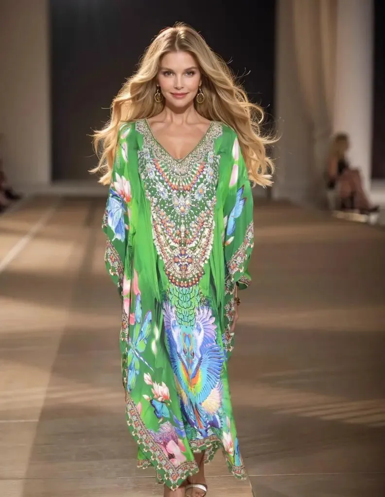 Resort Garden Long Silk Embellished Kaftan