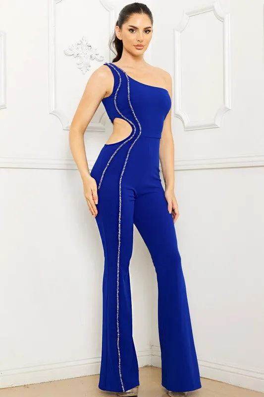 Royal Rhinestone Trim One Shoulder Jumpsuit