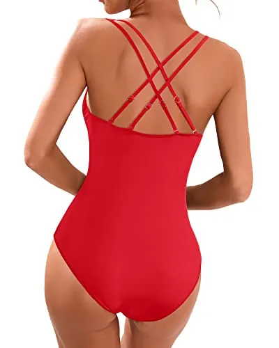 Ruched Women's One Piece Bathing Suit V Neck Slimming Swimwear-Red