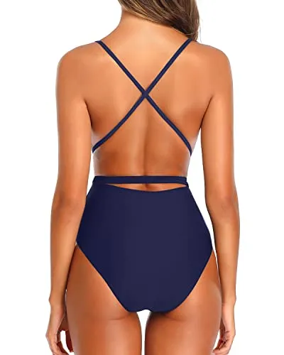 Sexy Criss Cross Backless One Piece Swimsuits For Women-Navy Blue