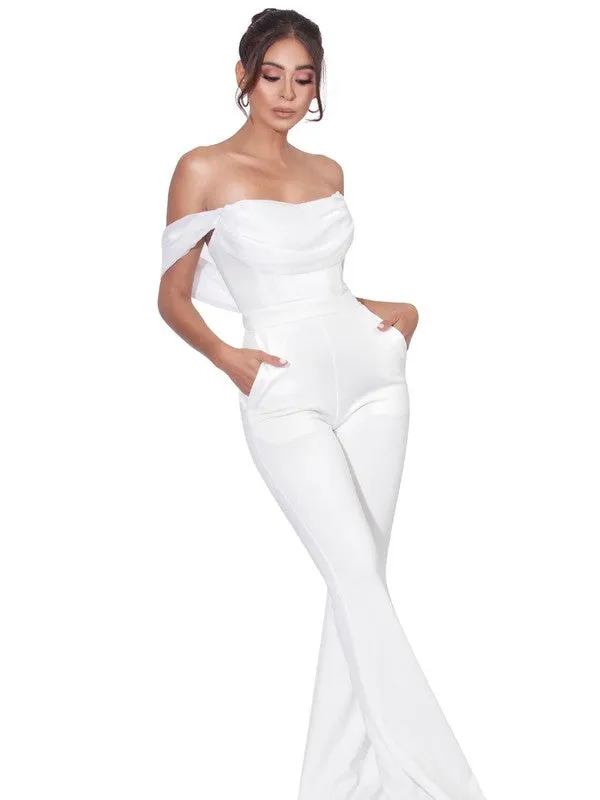 Sherlyn White Off Shoulder Flared Crepe Jumpsuit