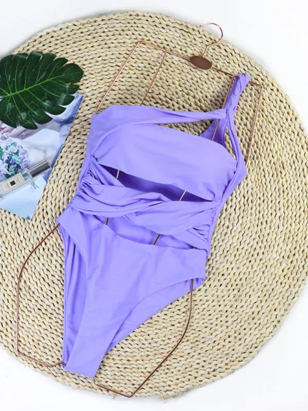 Solid One-Shoulder Sporty One-Piece Cutout Swimwear