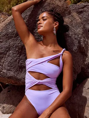 Solid One-Shoulder Sporty One-Piece Cutout Swimwear