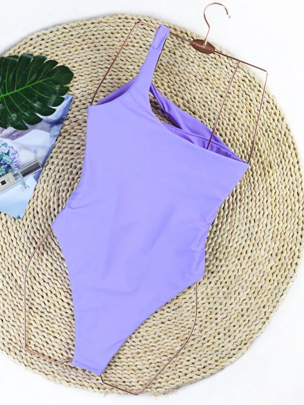 Solid One-Shoulder Sporty One-Piece Cutout Swimwear