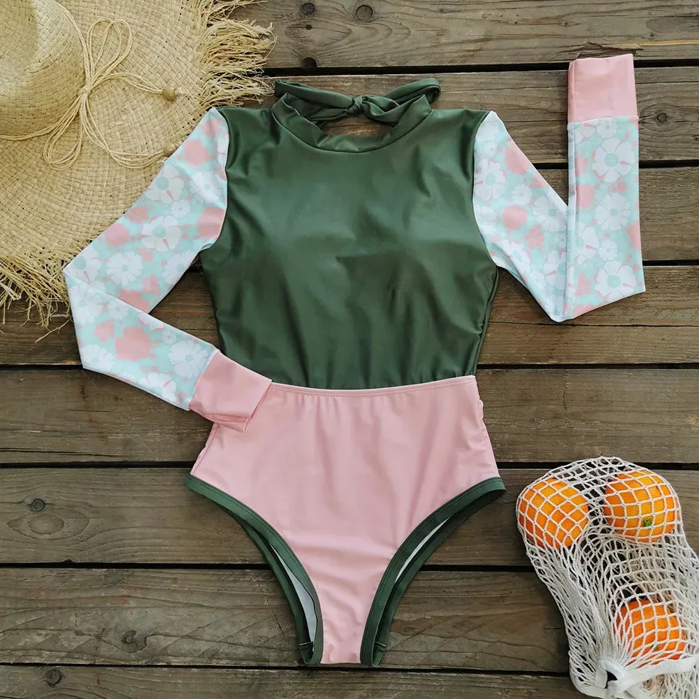 Sun-Safe Floral Rash Guard Protective Swimwear