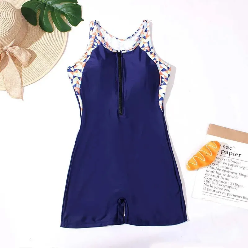 Surf's Up Contrast Animal Print Zip-Up Tank Swimsuit Romper for Active Women