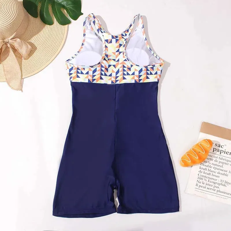 Surf's Up Contrast Animal Print Zip-Up Tank Swimsuit Romper for Active Women
