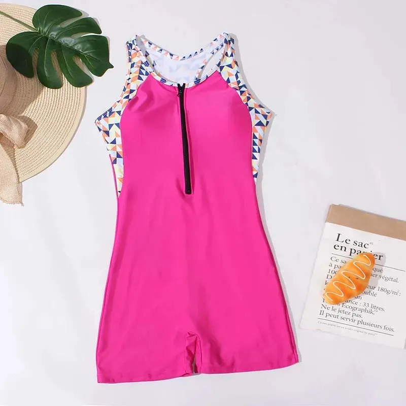 Surf's Up Contrast Animal Print Zip-Up Tank Swimsuit Romper for Active Women