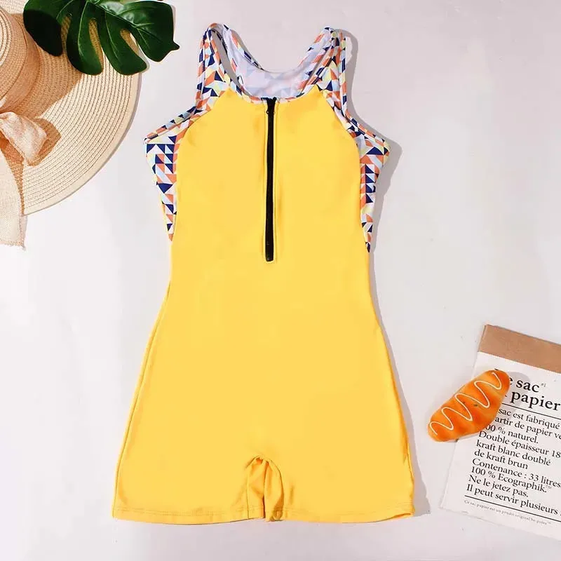 Surf's Up Contrast Animal Print Zip-Up Tank Swimsuit Romper for Active Women