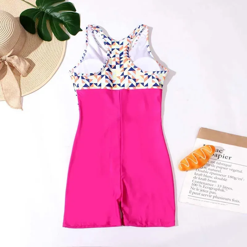 Surf's Up Contrast Animal Print Zip-Up Tank Swimsuit Romper for Active Women