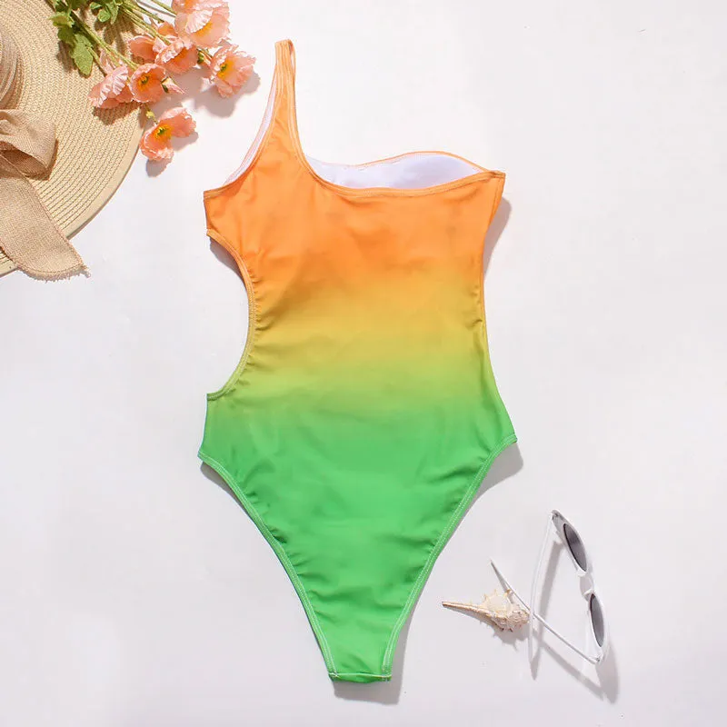 Upopby Gradient One-Piece Swimsuit One Shoulder Hollow Swimwear