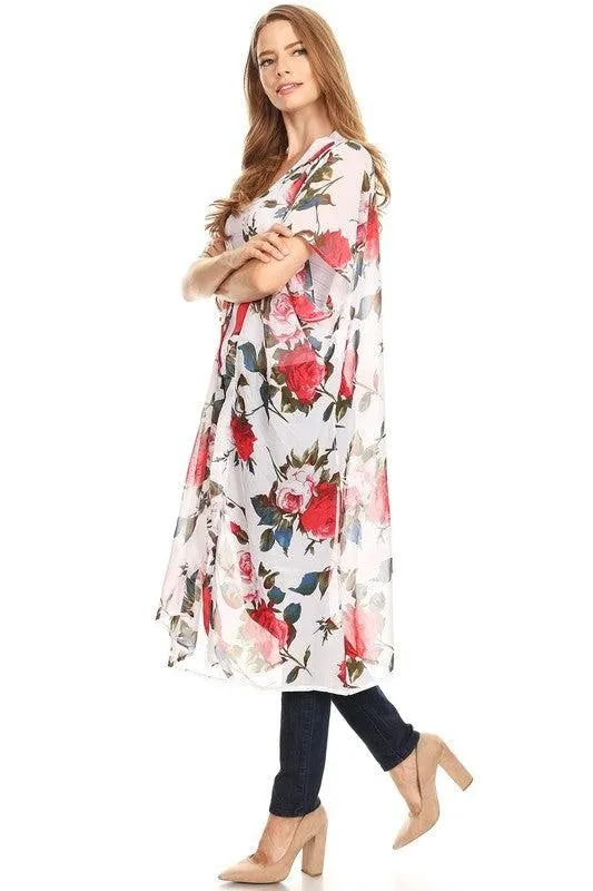 White Floral Chiffon Kimono-One Size
