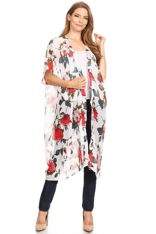 White Floral Chiffon Kimono-One Size