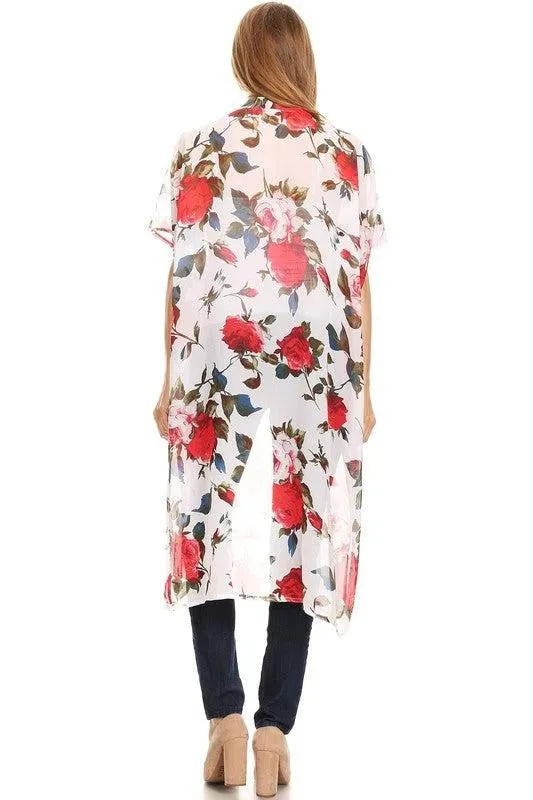 White Floral Chiffon Kimono-One Size