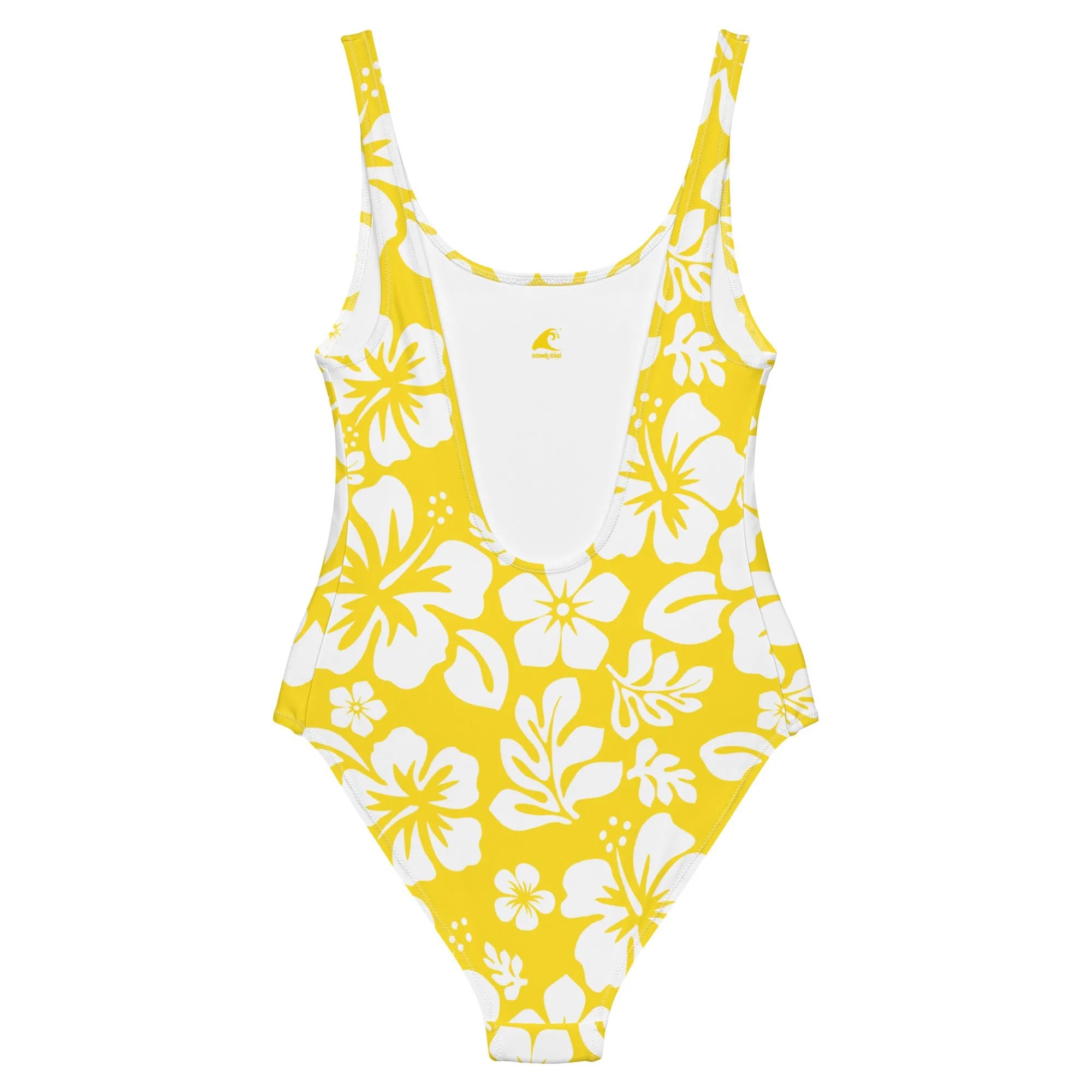 White Hawaiian Flowers on Yellow One-Piece Swimsuit