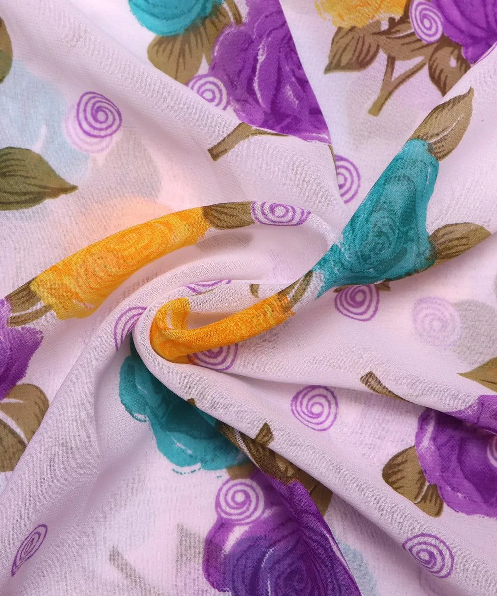 White Purple Floral Print Georgette Fabric