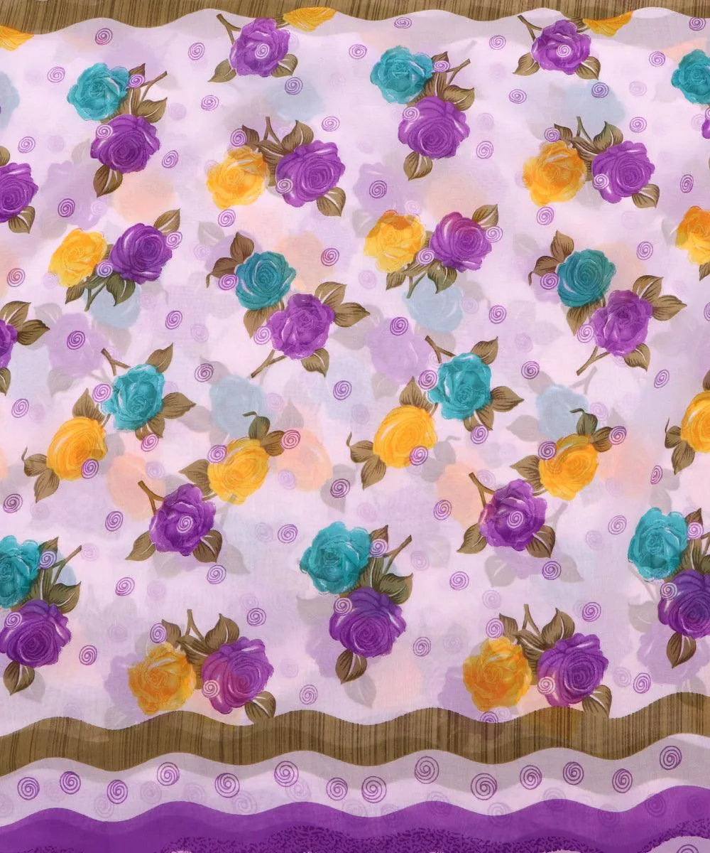 White Purple Floral Print Georgette Fabric