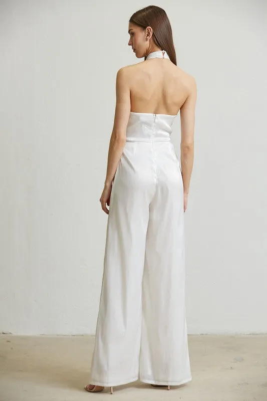White/Gold Embellsihed Waist Organza Jumpsuit