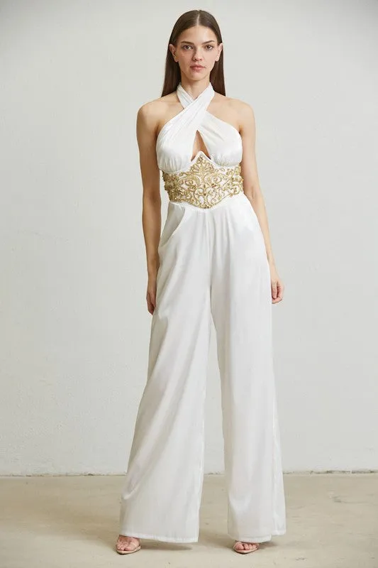 White/Gold Embellsihed Waist Organza Jumpsuit