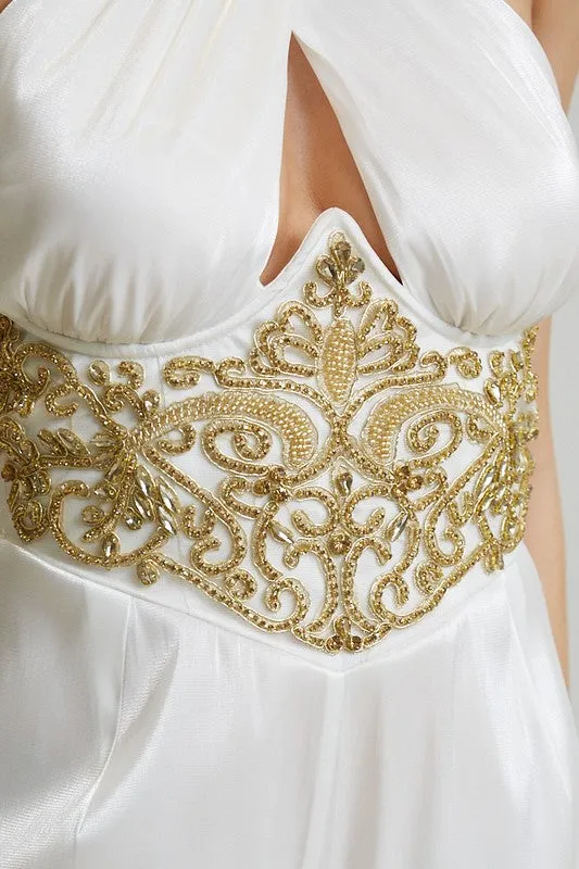 White/Gold Embellsihed Waist Organza Jumpsuit