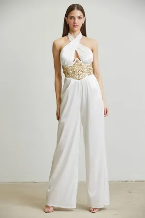 White/Gold Embellsihed Waist Organza Jumpsuit