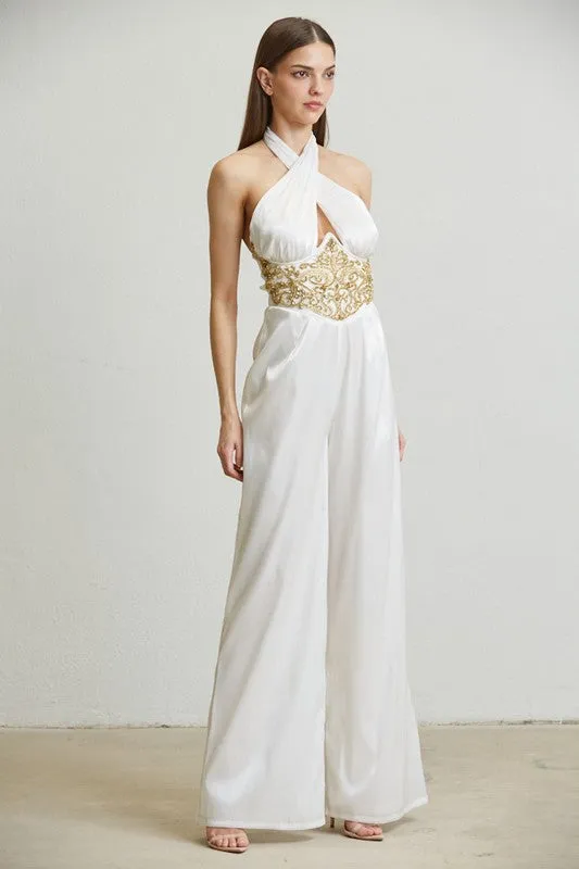 White/Gold Embellsihed Waist Organza Jumpsuit