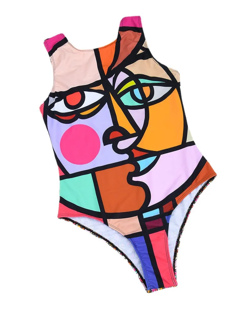 Women Abstract Figure Print Wide Straps Backless Beach One Piece