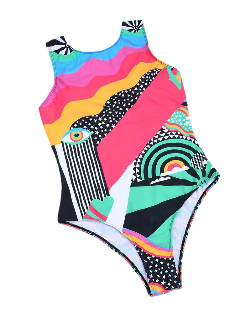Women Abstract Figure Print Wide Straps Backless Beach One Piece