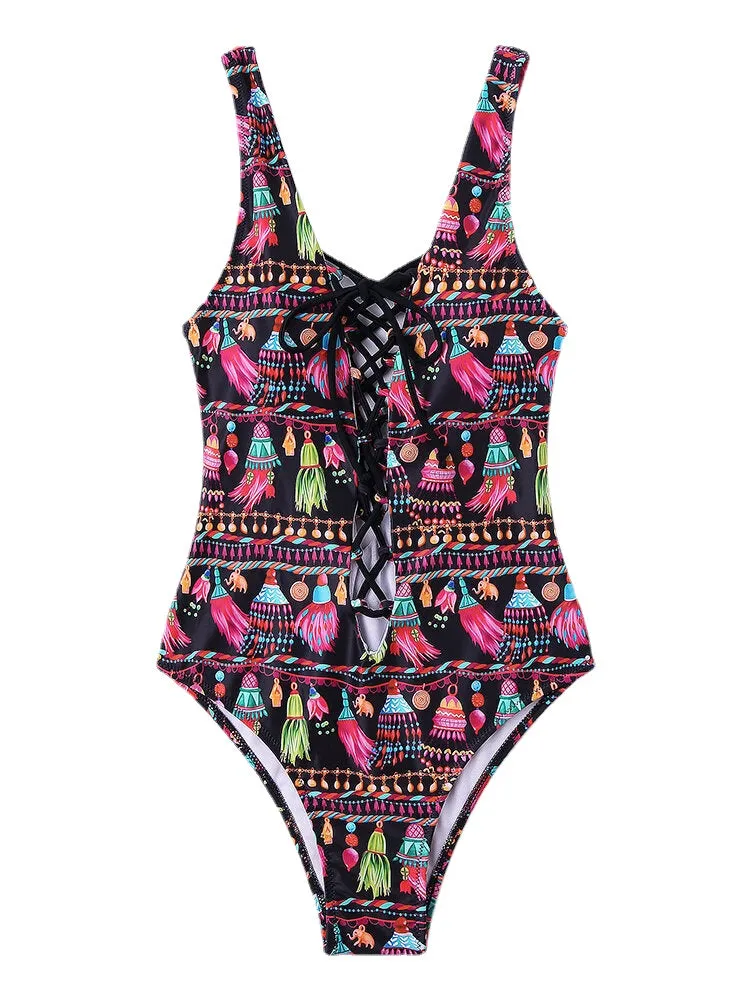 Women Abstract Print Bandage Wide Shoulder Straps One Piece Slimming Swimwear