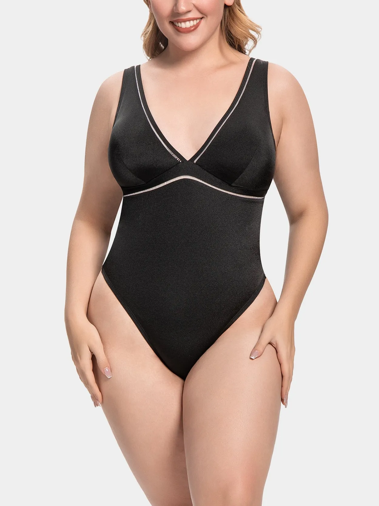 Women One Piece Swimsuits Plunge Bathing Suit Plus Size Swimwear White/Black