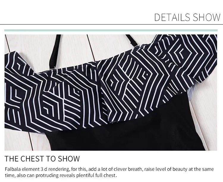 Women Ruffle One-Piece Off-Shoulder Swimsuit in Geometric Black