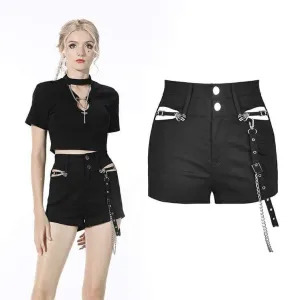 Women's Gothic Cutout Slim Fitted Black Shorts with Chain