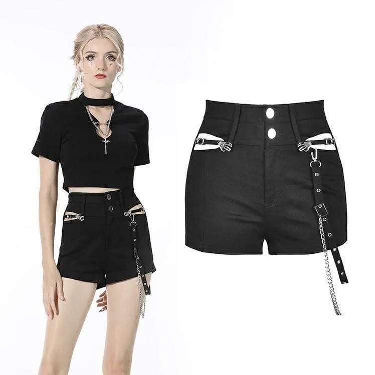 Women's Gothic Cutout Slim Fitted Black Shorts with Chain