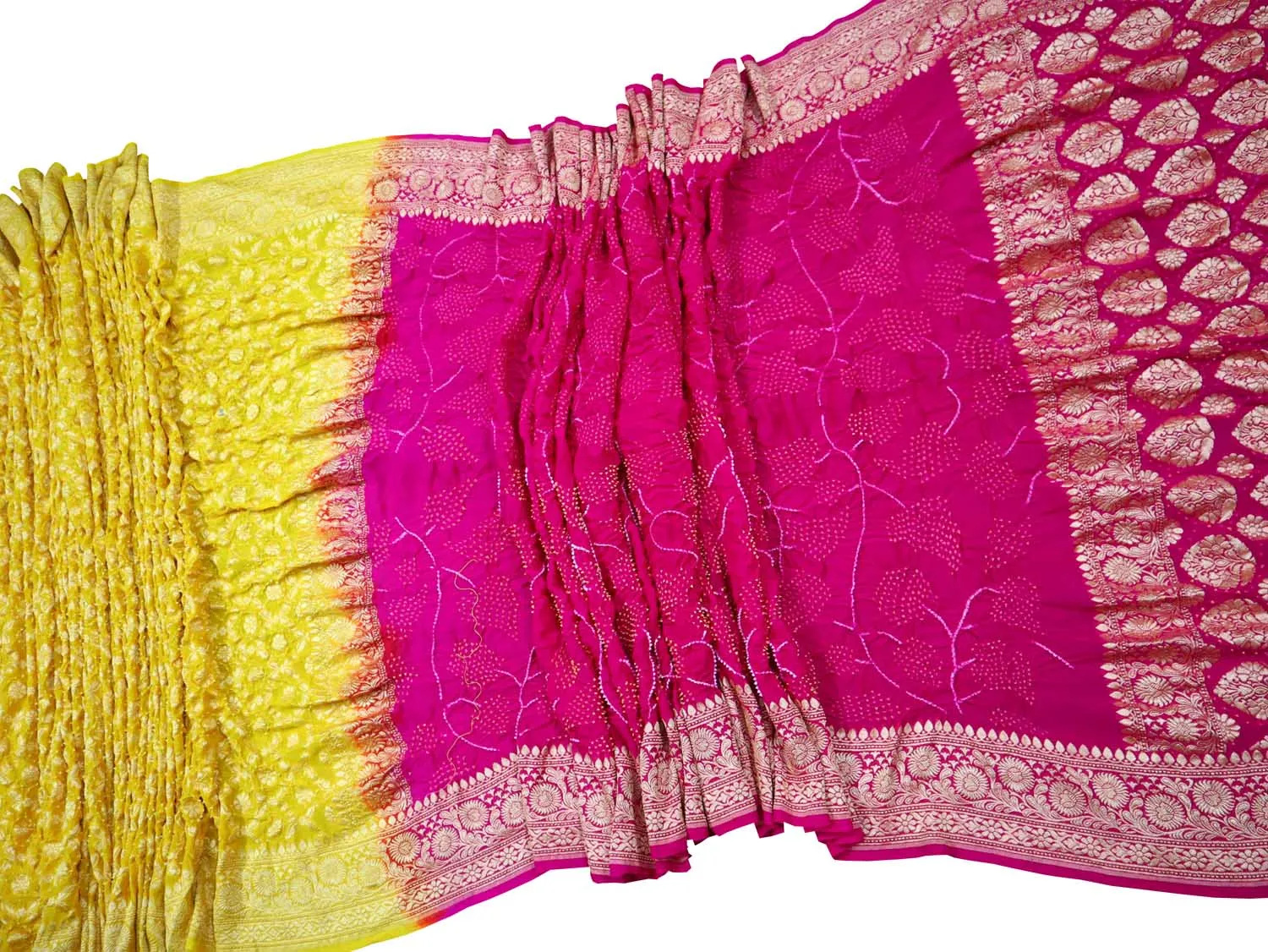 Yellow & Pink Banarasi Bandhani Georgette Saree