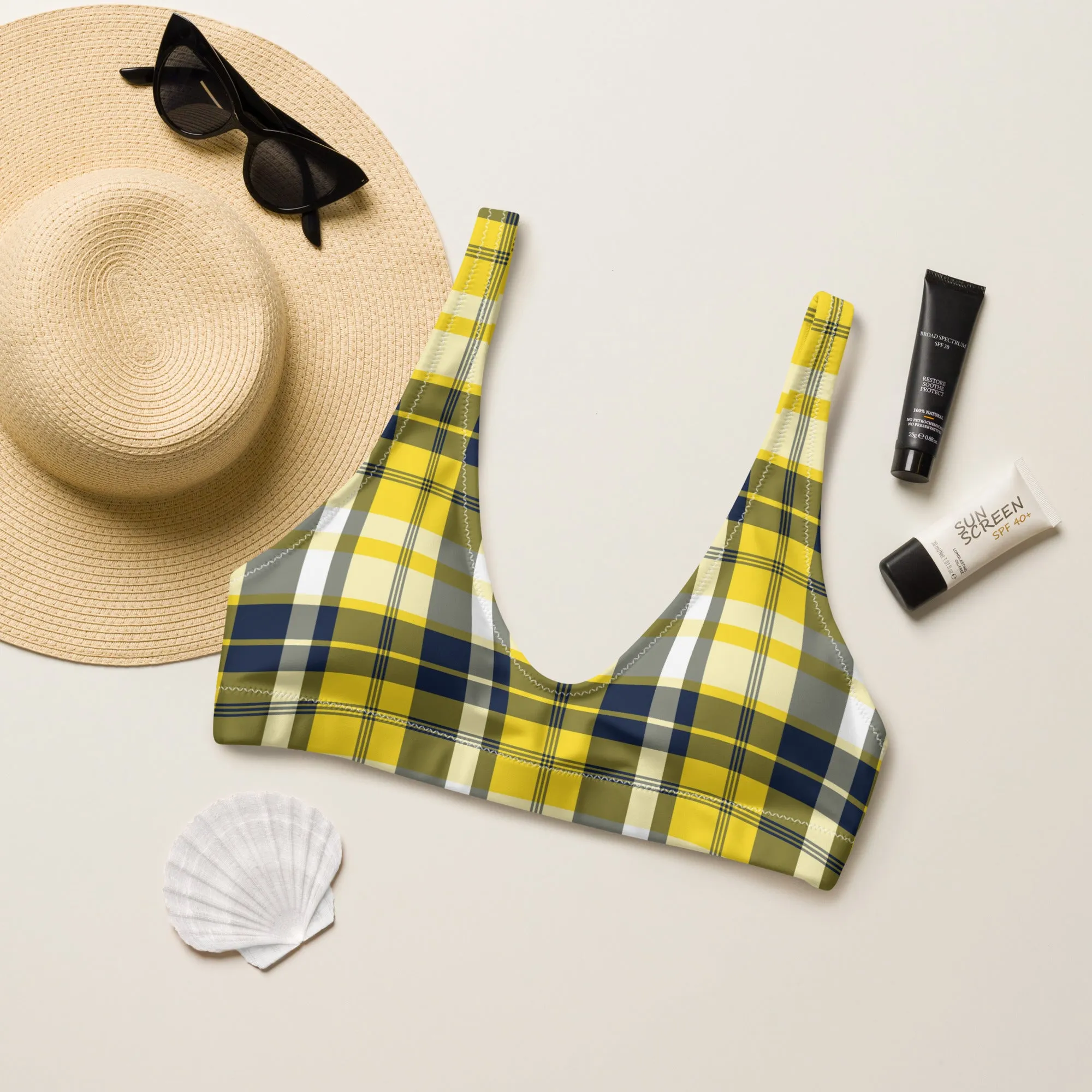 Yellow and Navy Blue Preppy Plaid Halter Bikini Top