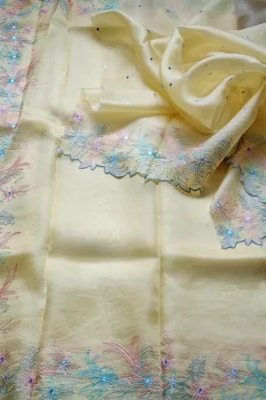 Yellow Organza Silk Saree with Mirror Work