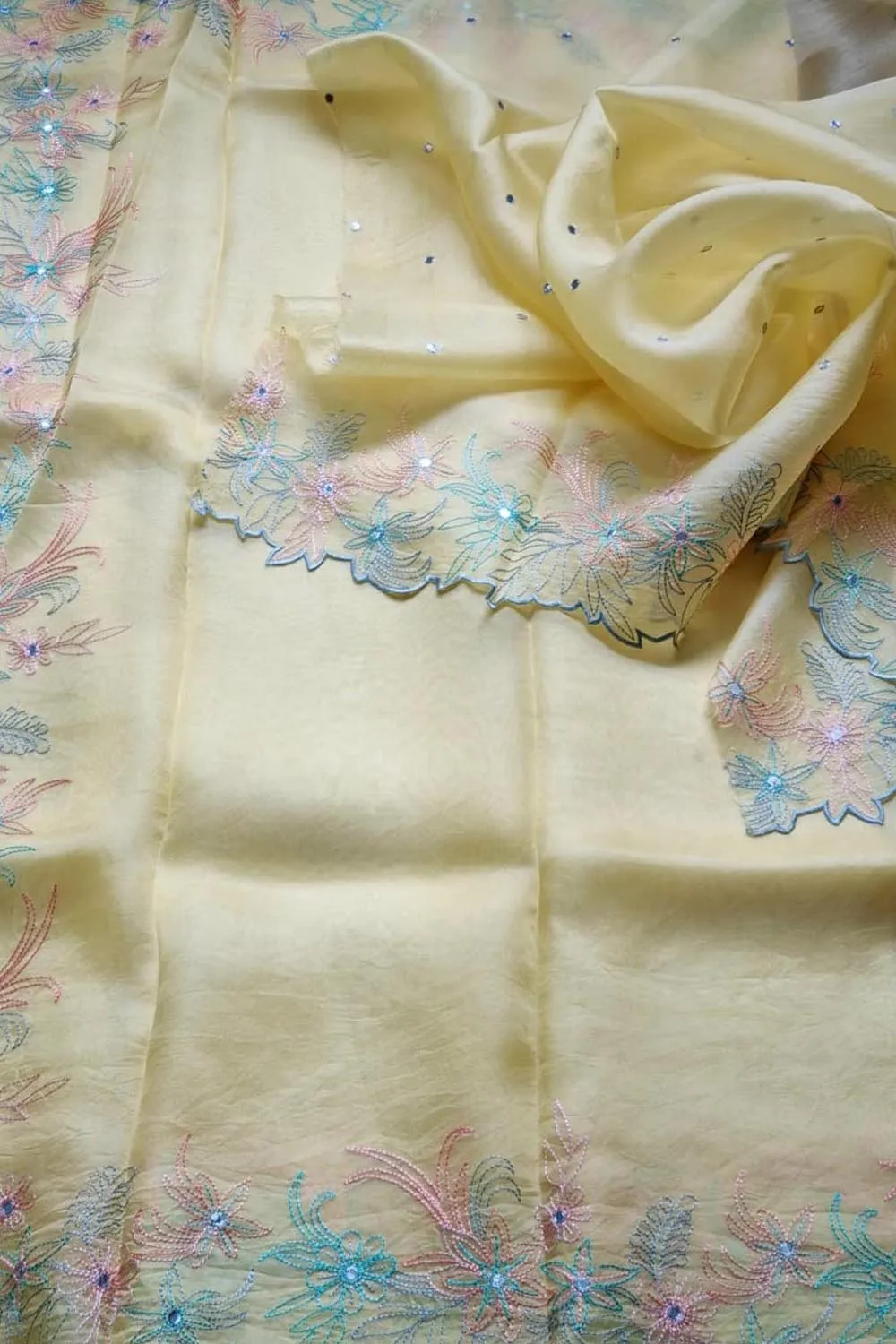 Yellow Organza Silk Saree with Mirror Work